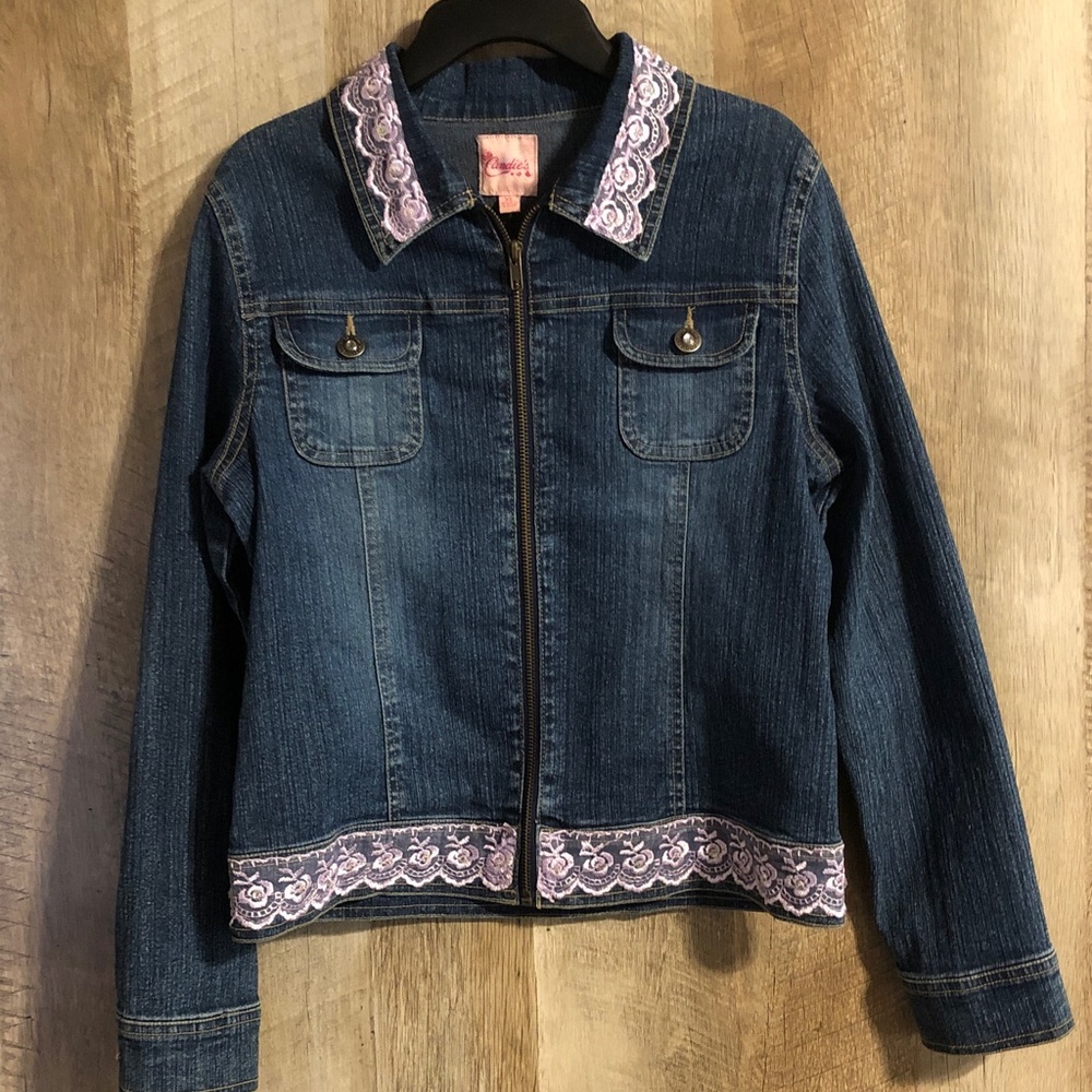 Candie's Dark Blue Denim Jacket with Pink Lace Trim